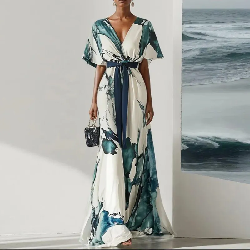 Watercolor Printed Elegant Fashion Short-sleeved Maxi Dress for Women 2026 Summer V-neck Lace-up Pleated Party Dresses Female