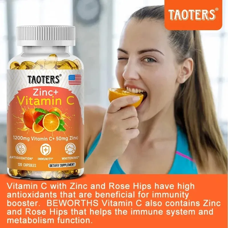 1200 Mg Vitamin C Capsules - with Zinc - Immune System and Collagen Booster Non-GMO and Gluten-Free Vegetarian