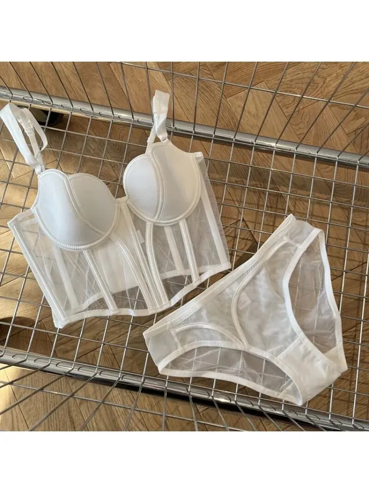 French Long Fishbone Mesh Patchwork Bra Set Slim Shaping Chest Lift Up Sexy Lingerie Outfit Soft Comfortable Underwear S-XL Suit — image 2