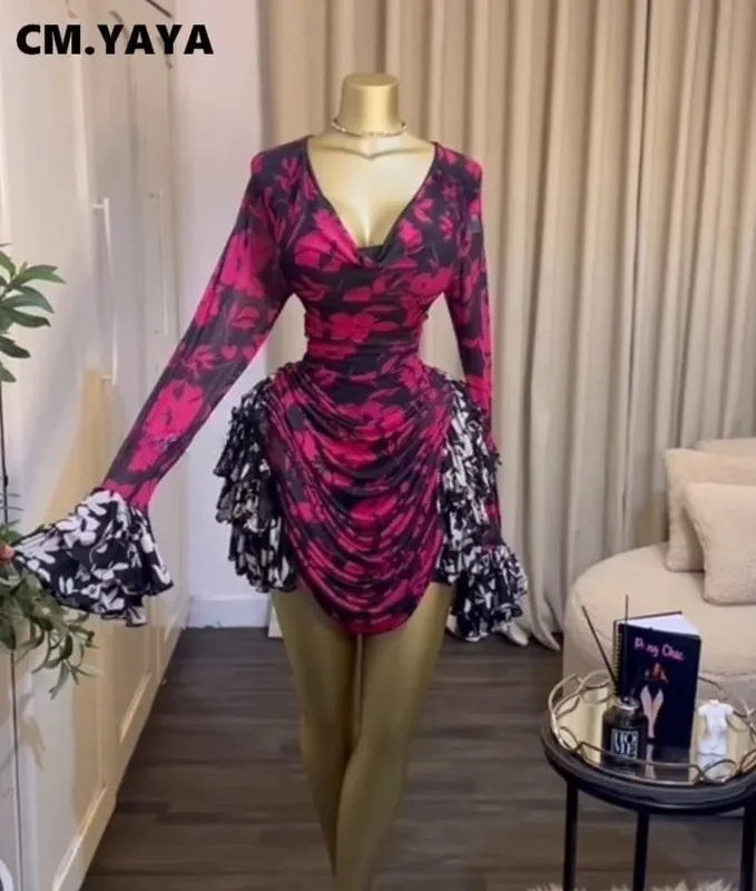 CM.YAYA Wanita Tie Dye Print Cascading Ruffles Bell Lengan Panjang Bodycon Ruched Draped V-neck Dress Pakaian Percutian Pantai