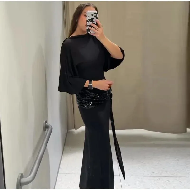 Women Backless Sequin Patchwork Maxi Dress Elegant Wide Sleeve Long Gowns Feminine New Fashion Evening Party Daily Robes — image 1