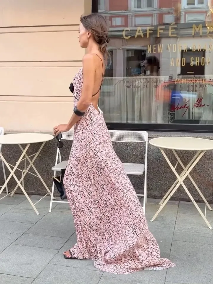 Pink Floral Printed Sling Maxi Dress Spaghetti Strap Deep V Neck Front Black Rose Detail Ruffle Hem Lady Street Vacation Dresses