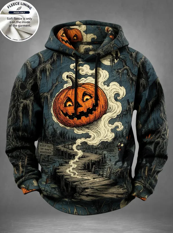 Men Fleece Lined Hoodie Halloween Skull Graveyard Pumpkin Print Pullover Hooded Sweatshirt Top — image 5
