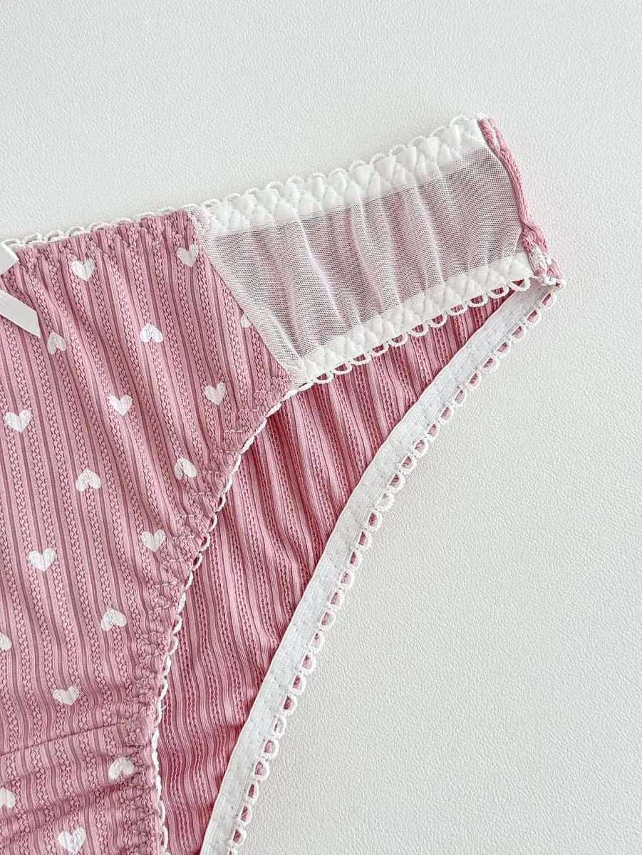 Women Pink Heart Print Lingerie Set Lace Mesh Trim Underwire Bra & Panties Soft Comfort Daily Intimates — image 5