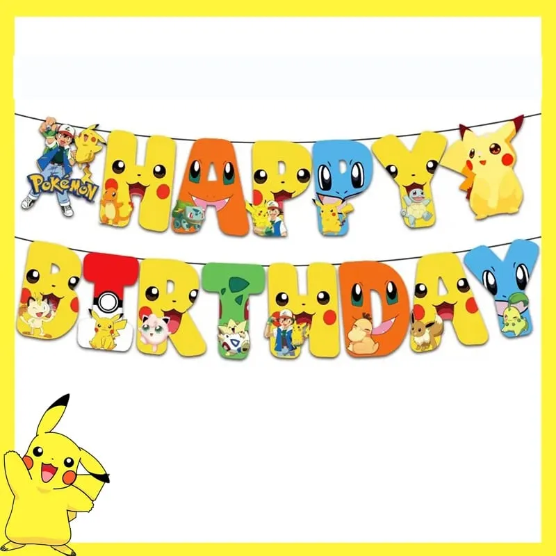 Pokemon Birthday Party Decoration Pikachu Disposable Tableware Cup Napkin Plate Tablecloth Baby Shower Cake Topper Flag Balloons — image 11