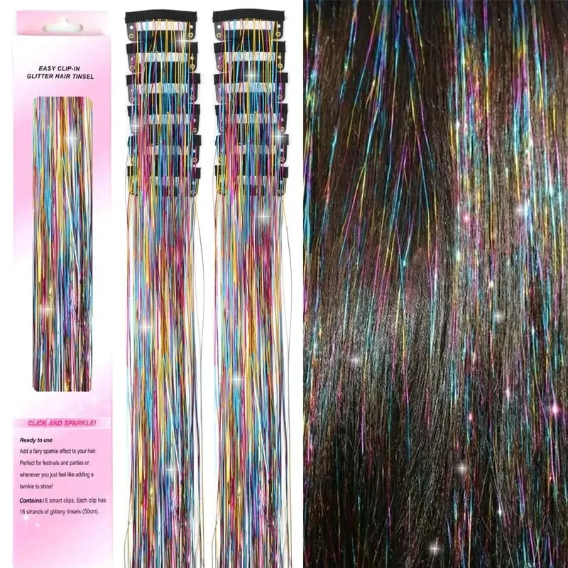 12pcs 20inch Tinsel Hair Extensions Wigs Colorful Shiny Artificial hair extensions Clip in Women Hairpieces for Daily Party Wear