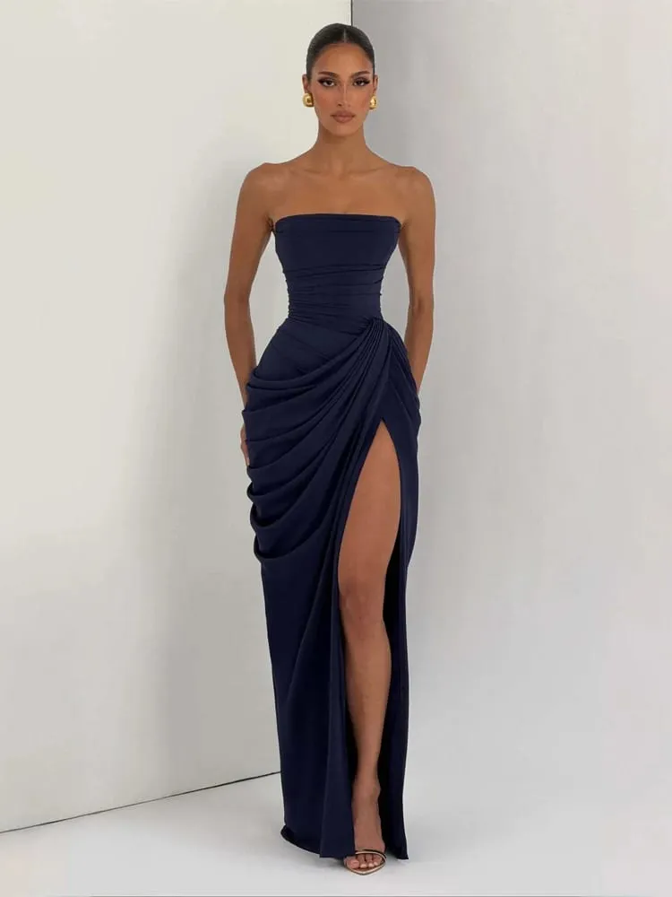여자 노란색 우아한 Strapless Pleated 드레스 섹시한 민소매 허리 Cinching 분할 맥시 가운 2026 레이디 새로운 저녁 파티 드레스 — image 3