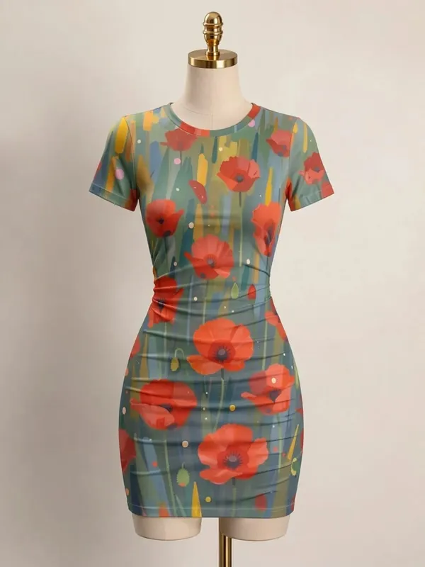 Womens Short Sleeve Bodycon Mini Dress Slim Fit Crew Neck Floral Print Casual Summer Party Cute Comfy Vacation Vacation Sundress — image 9