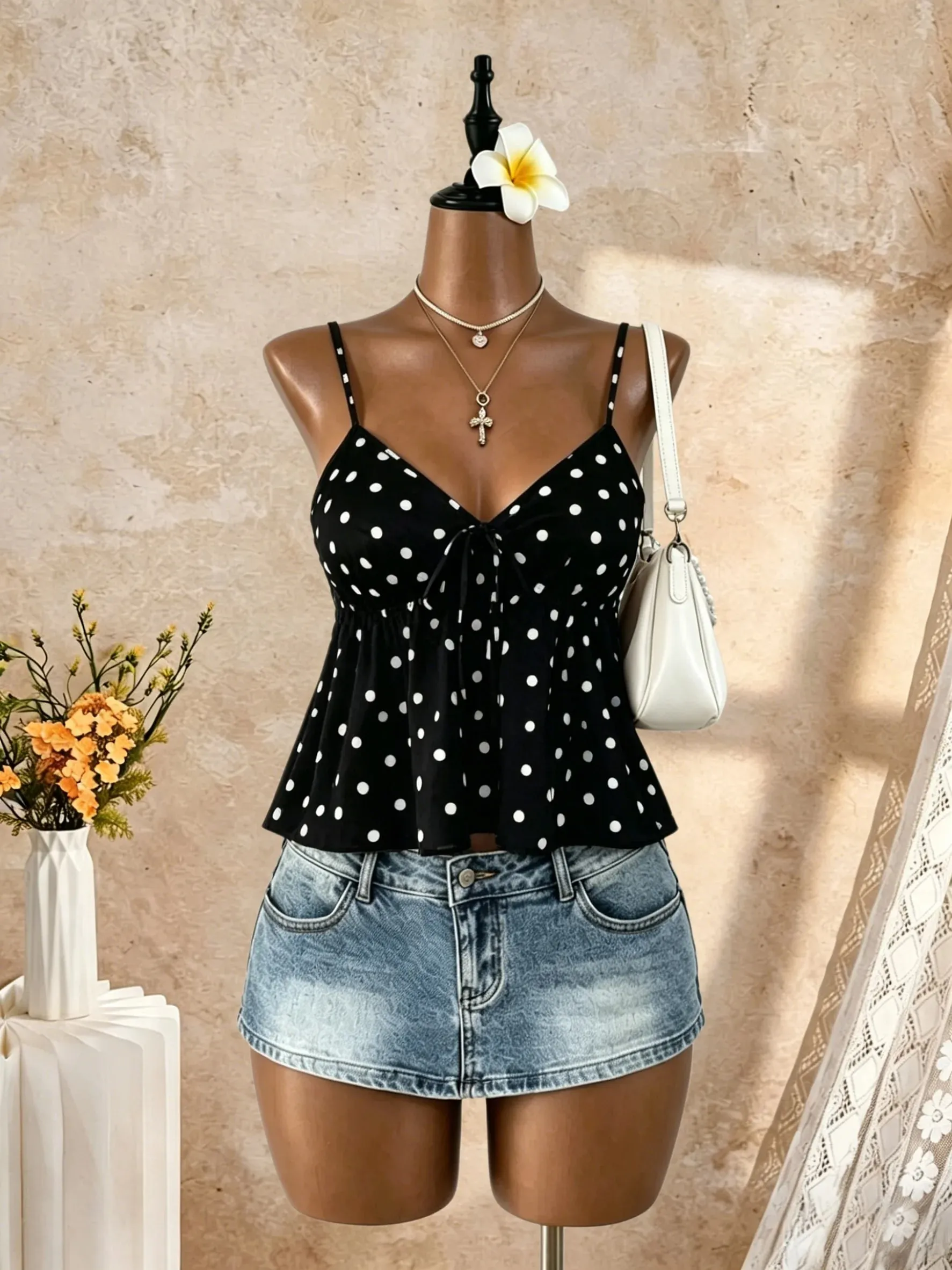Women V Neck Spaghetti Strap Front Tie Ruched Waist Flared Peplum Cami Top 2026 Summer Y2K Solid Black Casual Beach Vacation Loo — image 7