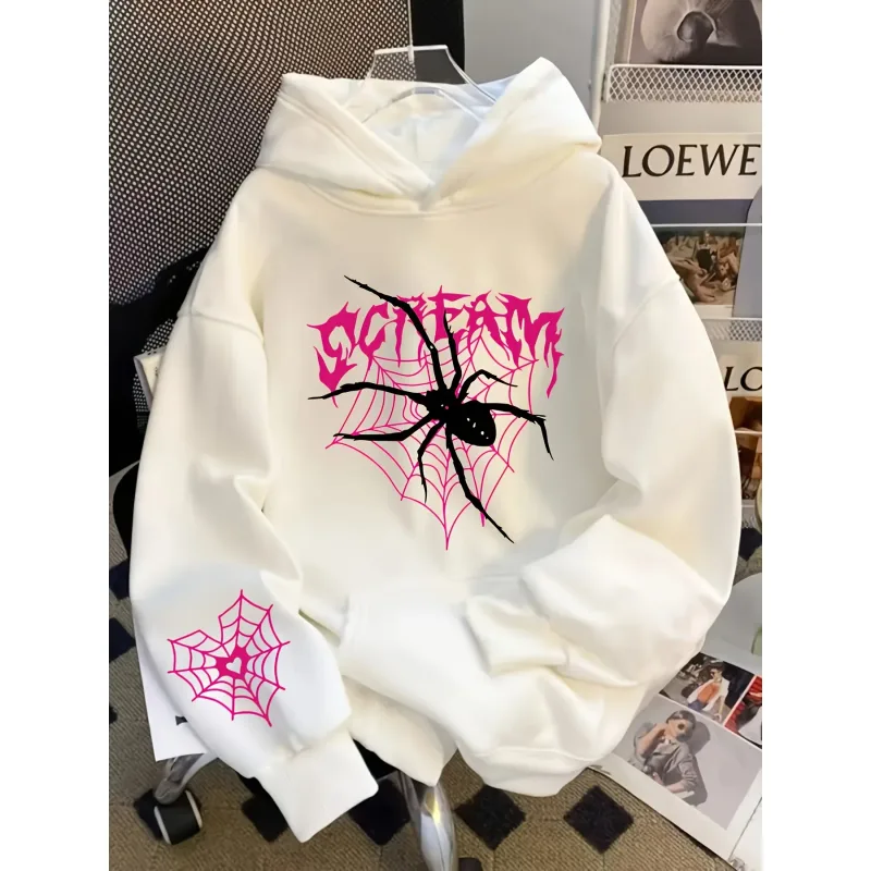 Men's Gothic Spider Print Hoodie Hip Hop Sports Casual Streetwear Pink Graffiti Pullover Sweatshirt Tops — image 7