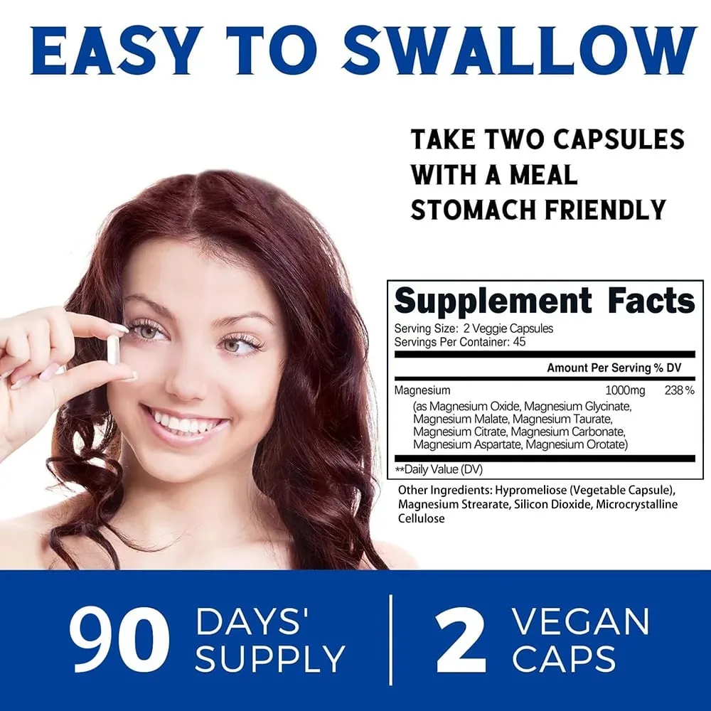 Magnesium Complex Supplement | 1000mg Magnesium Glycinate Malate Citrate | 8 Elemental Chelated Formula | Vegan Non-GMO 90 C