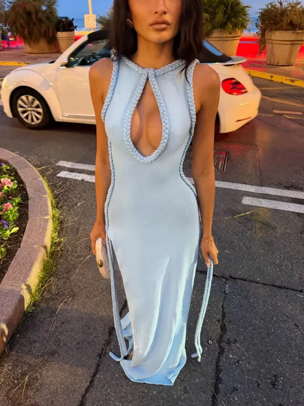 Women Elegant High Slit Hem Maxi Dress Braided Trim Sleeveless Backless Keyhole Neckline Solid Dresses Summer Sexy Fashion Gown — image 5