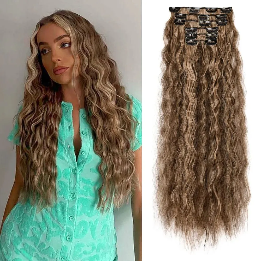 24 Inch Clip In Hair Extensions 6PCS Hair Extensions Long Water Wave Hair Full Head Synthetic Clip On Hairpiece For Women Girls — image 2