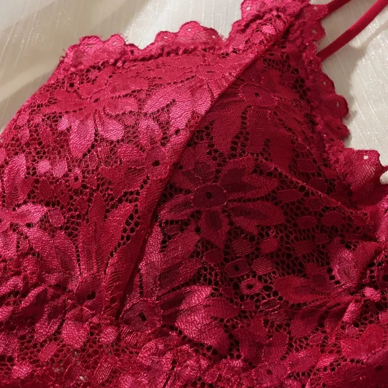 Women's Sexy Lace Bra Suit Solid Set Beautiful Back Hollow Out No Steel Ring Underwear With Lace Flower Breathable Panties — image 4