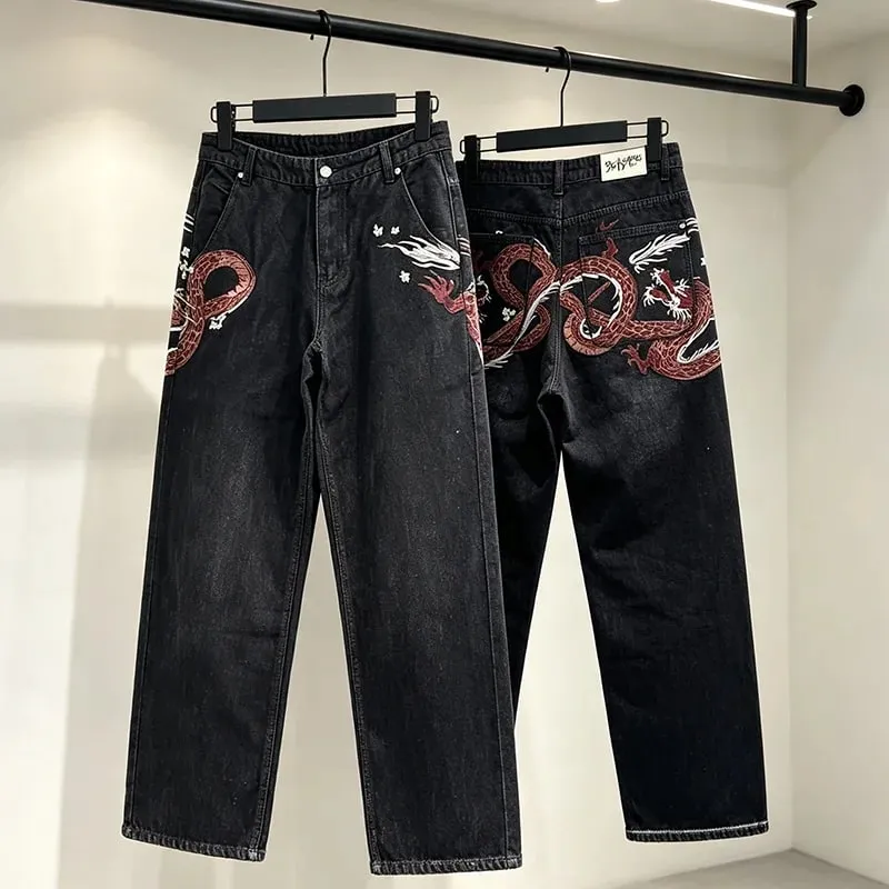 New DERSCHUTZE Unisex Jeans Loose Straight Leg Denim Pants Big Chinese Dragon Embroidery Retro Washed Black Street Trousers — image 4