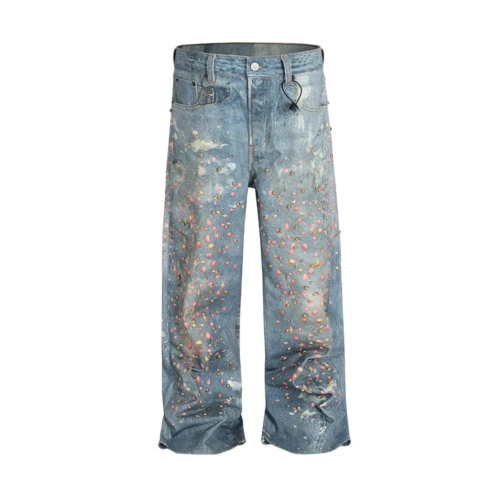 3D Printed Full Diamond Jeans for Men Straight Washed Distressed Shinning Diamon Denim Trousers Hip Hop Loose Baggy Jean Pants