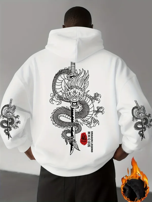 Trendy Street Fashion - Tokyo Shenlong Pattern Printed Men's Casual Sports Street Style Winter and Autumn Warm Hooded Sweatshirt — image 3