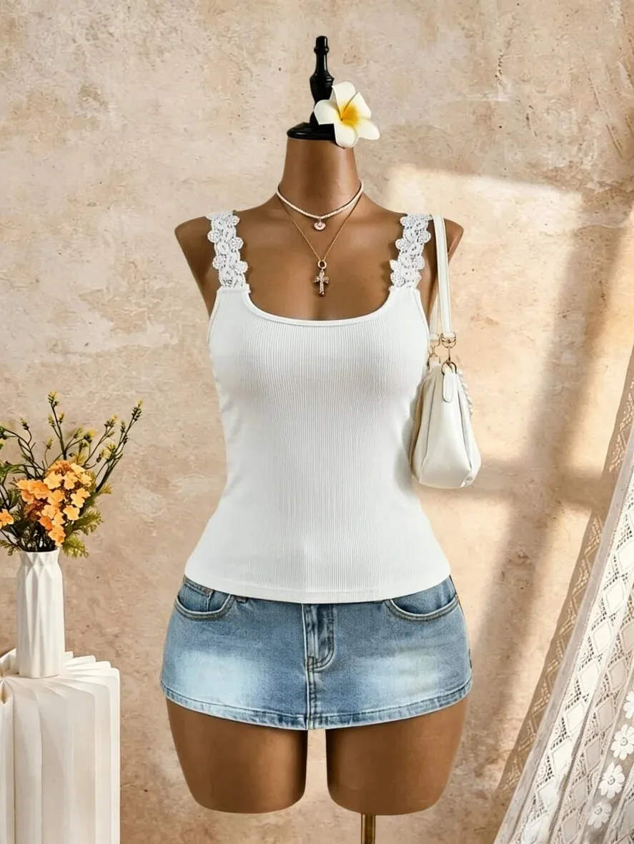 2 Pcs Women Lace Trim Spaghetti Strap Tank Top Ribbed Knit Square Neck Slim Fit Solid White Black Casual Cami Vest — image 3