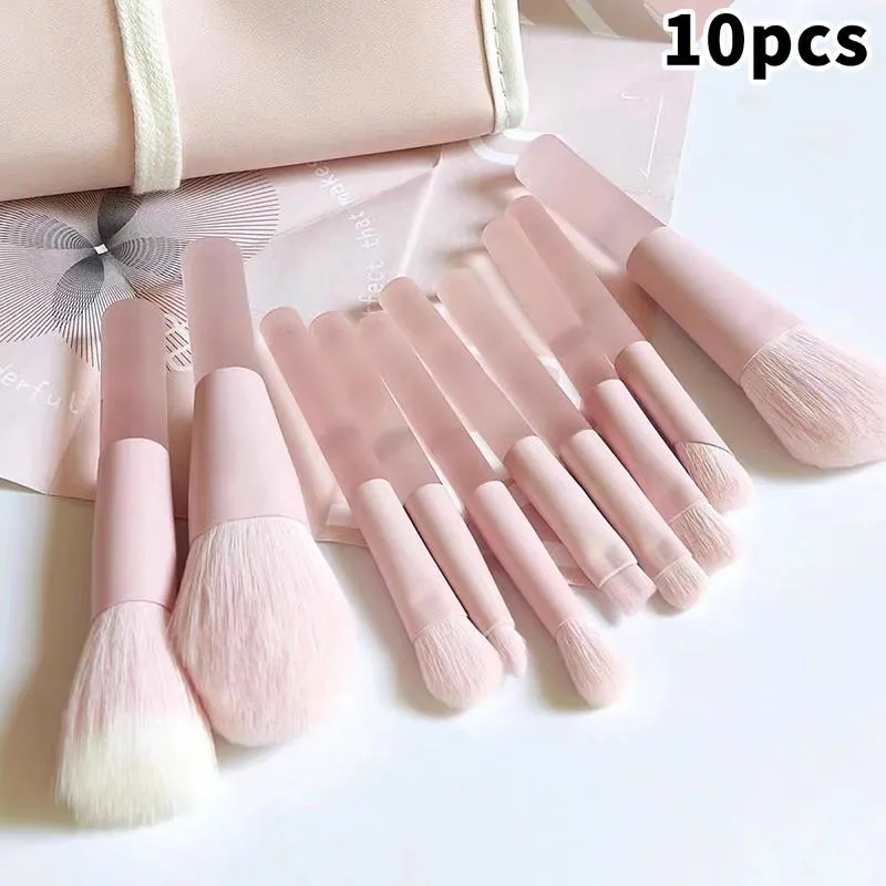 【B】10pcs Pink Handle Travel Makeup Brushes Synthetic Foundation Powder Eyeshadow Mini Makeup Brush Set