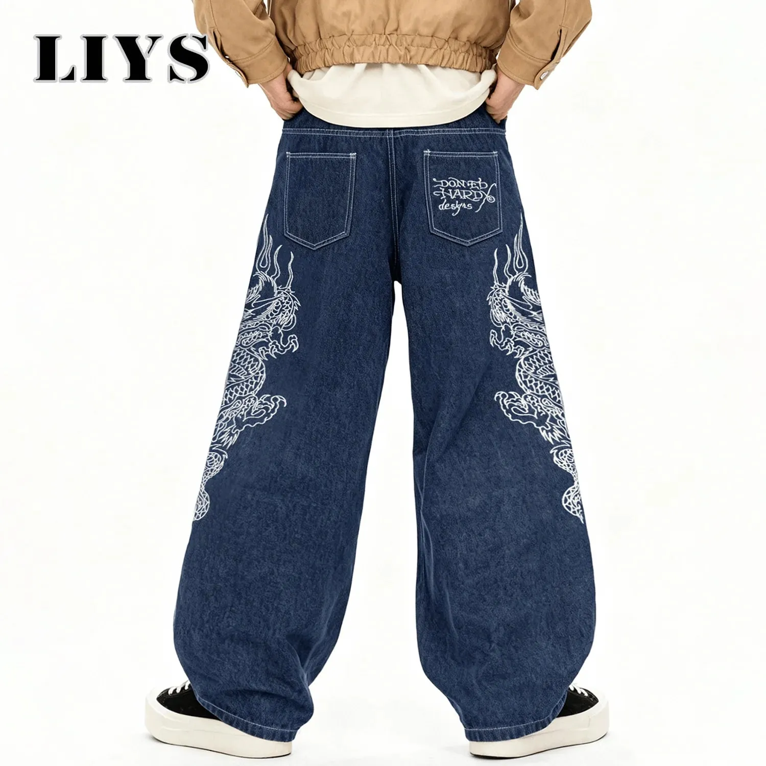 Korean Street Blue Baggy Wide Leg Men's Jeans Personalized White Dragon Pattern Embroidery Denim Pants Gothic Male Jeans Unisex — image 5