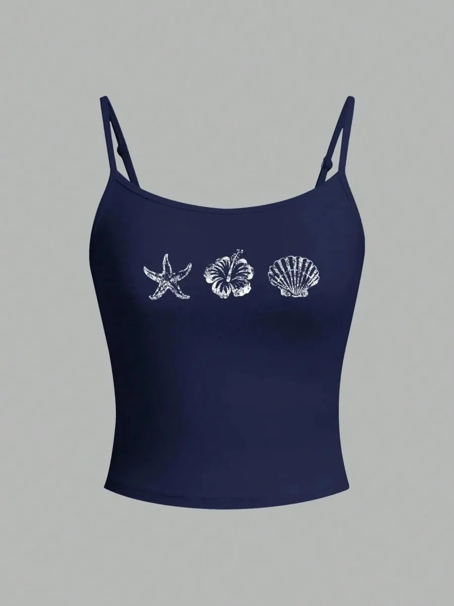Women Seashell Starfish Print Spaghetti Strap Camisole Summer Casual Y2K Street Style Slim fit Crop Top — image 3
