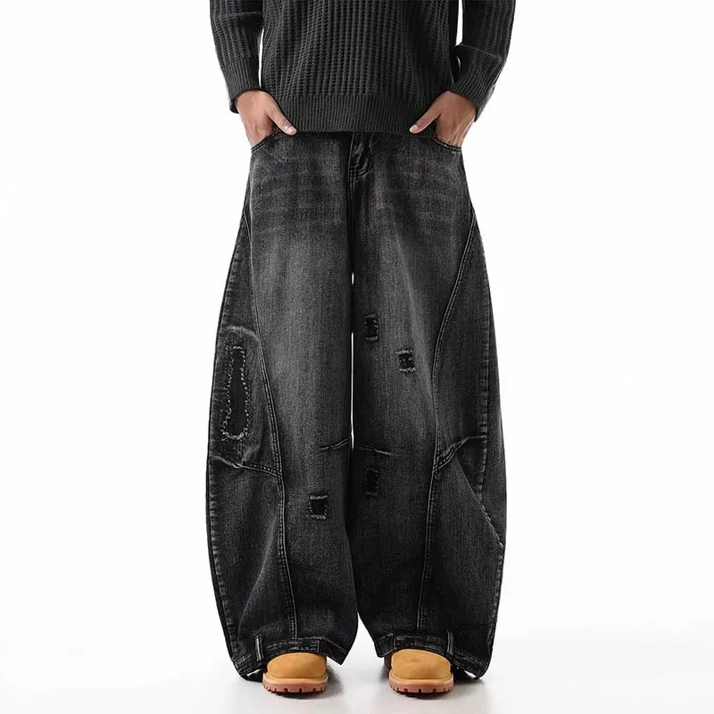 Korean Retro Plus Size Ripped Jeans Men'S Wide Leg Curved Pants Fashionable Casual Loose Straight Leg Pants — image 1
