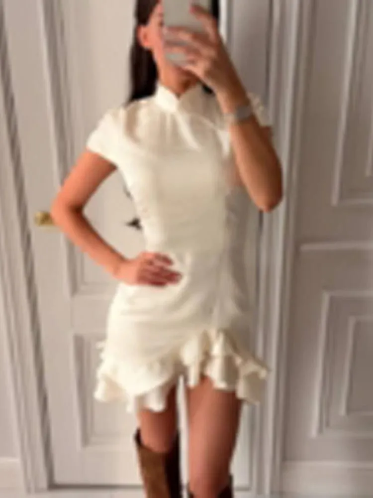 Elegant Satin Irregular Ruffle Hem Mini Dress Women Solid Stand Collar Short Sleeve Slim Dressess 2026 Lady Party Evening Gown — image 7