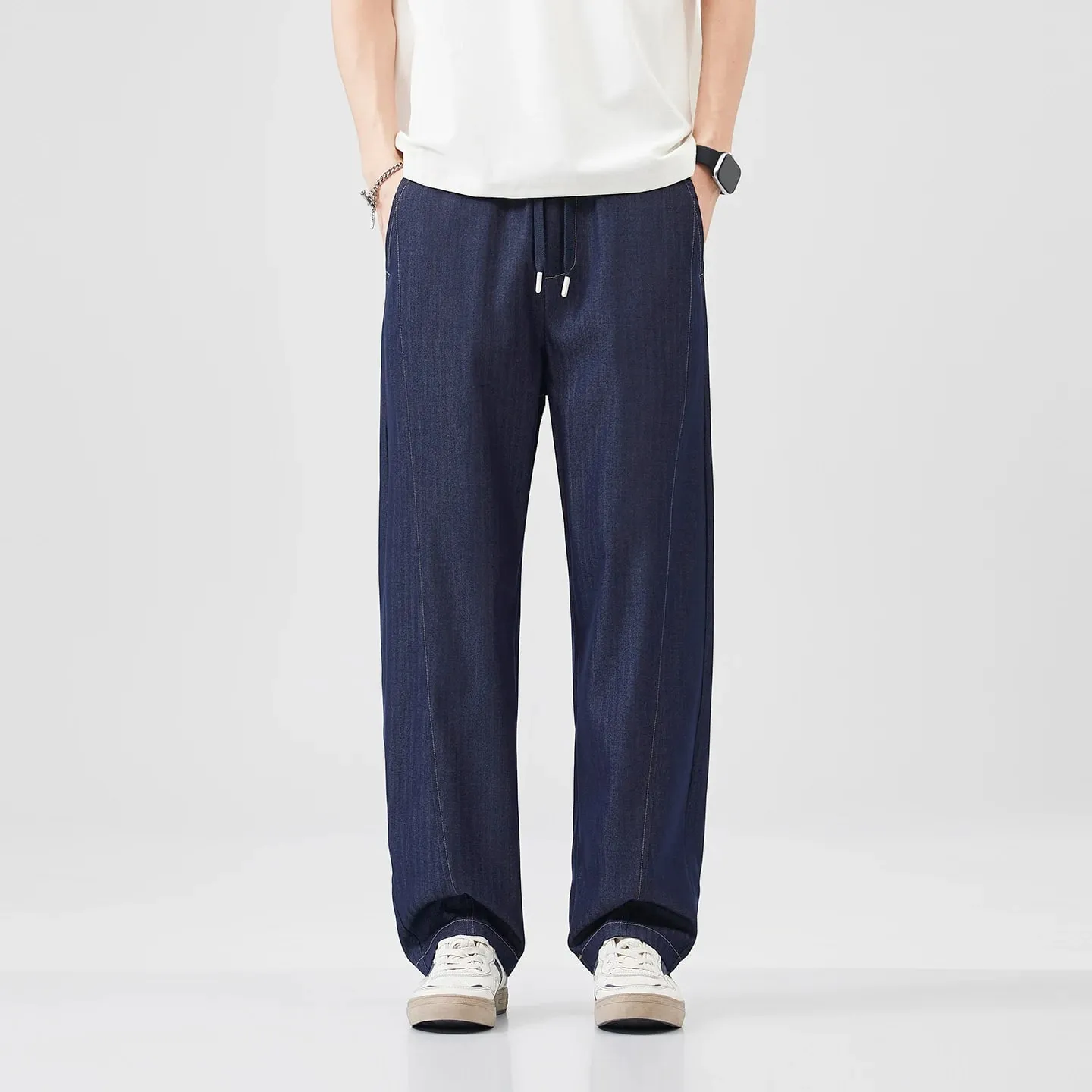 2026 High Quality Summer Thin Stripe Jeans Men Elastic Waist Breathe Straight Y2K Harajuku Korea Trousers Male Plus Size M-5XL