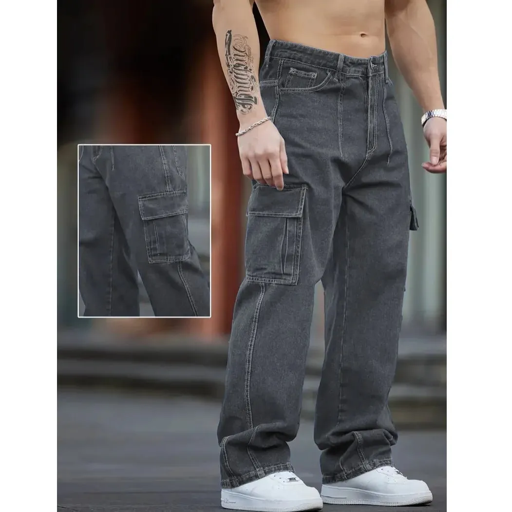 2026 New Arrival Men Cargo Jeans Multi‑Pocket Loose Wide Leg Straight Denim Pants HipHop Street Workwear Trousers — image 5