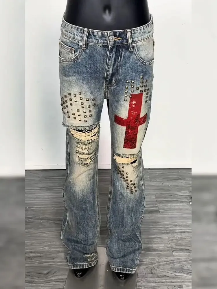 Men's Rivet Hole Design Street Retro Jeans Casual Pant Vintage Boys Straight Unisex Sweatpants Male High Waist Wide Leg Trousers — image 3