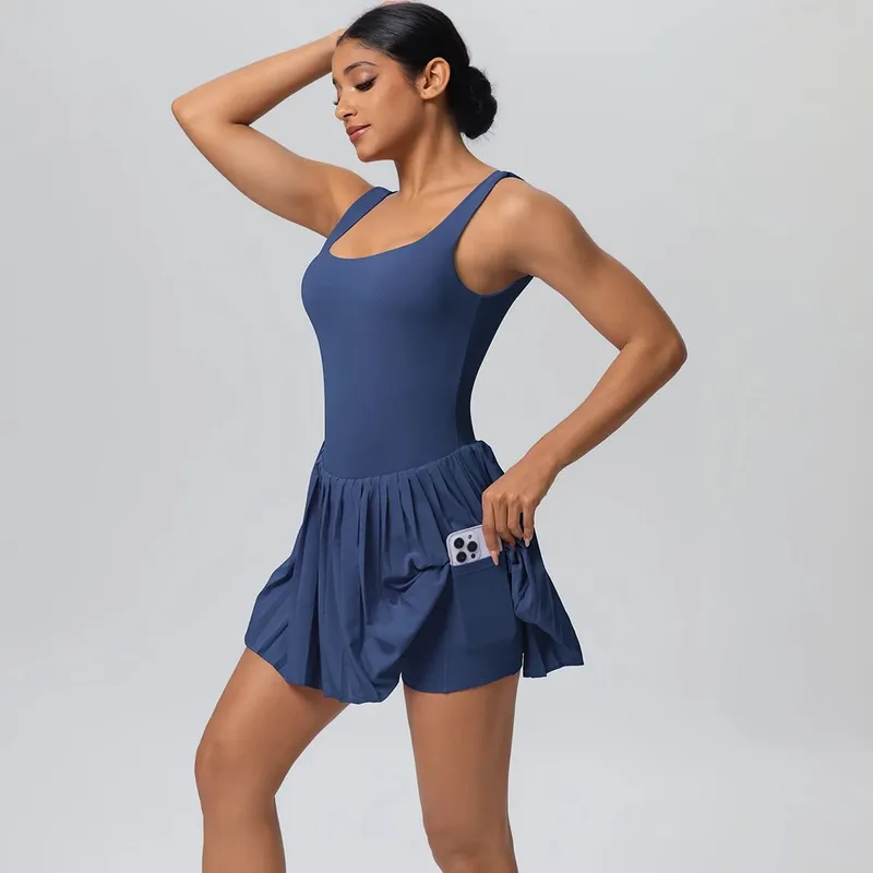 New Lifting Sports Jumpsuit Tennis Skirt With Pockets Yoga Womens Dresses Breathable Naked Feel Backless Female Sportswear — image 10