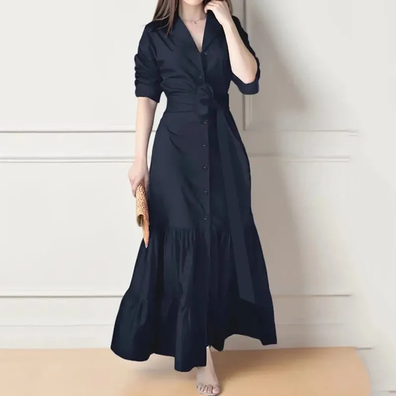 Spring Summer New Women's Long Solid Color Shirt Dresses Versatile Elegant V Neck Lace Up Cinched Waist Single Breasted Dress — image 3