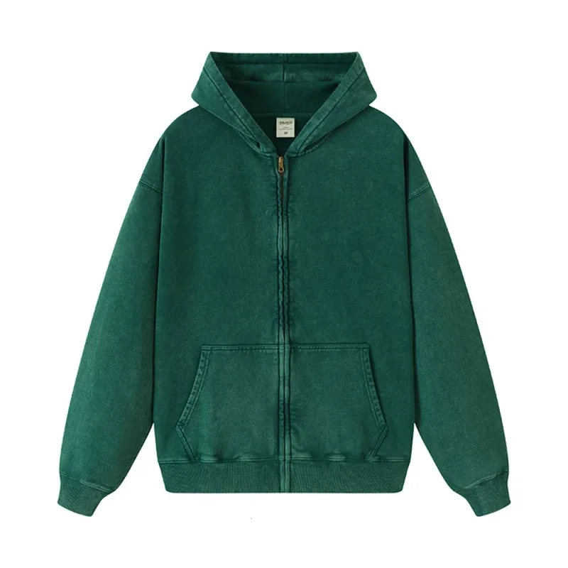 Retro Autumn Batik Washed Zipper Hoodie For Men Unisex Oversized Distressed 420gsm Terry 100% Cotton Hooded Coats HY0936 — image 26