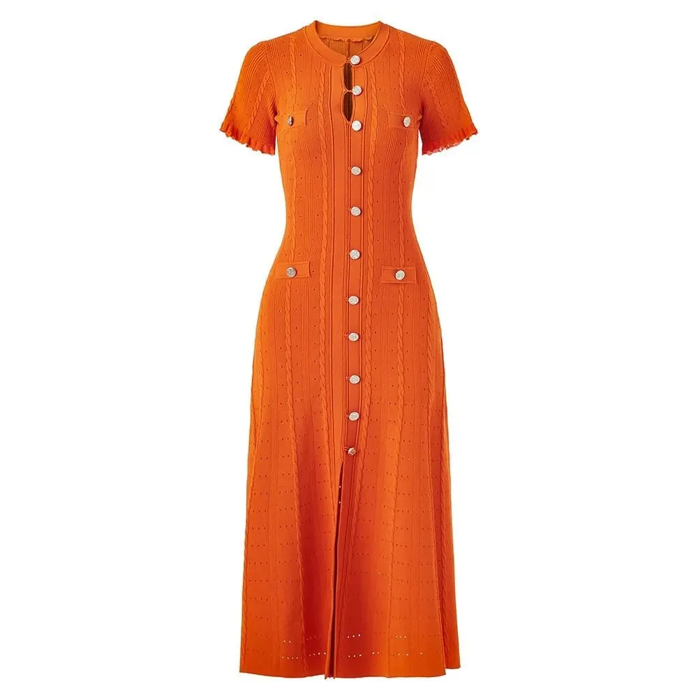 Elegant Knitted Dress round Neck Short Sleeve Hollow out Long Dress Ribbed Single Button Knitted Dress Fashionable Commute Style — image 4