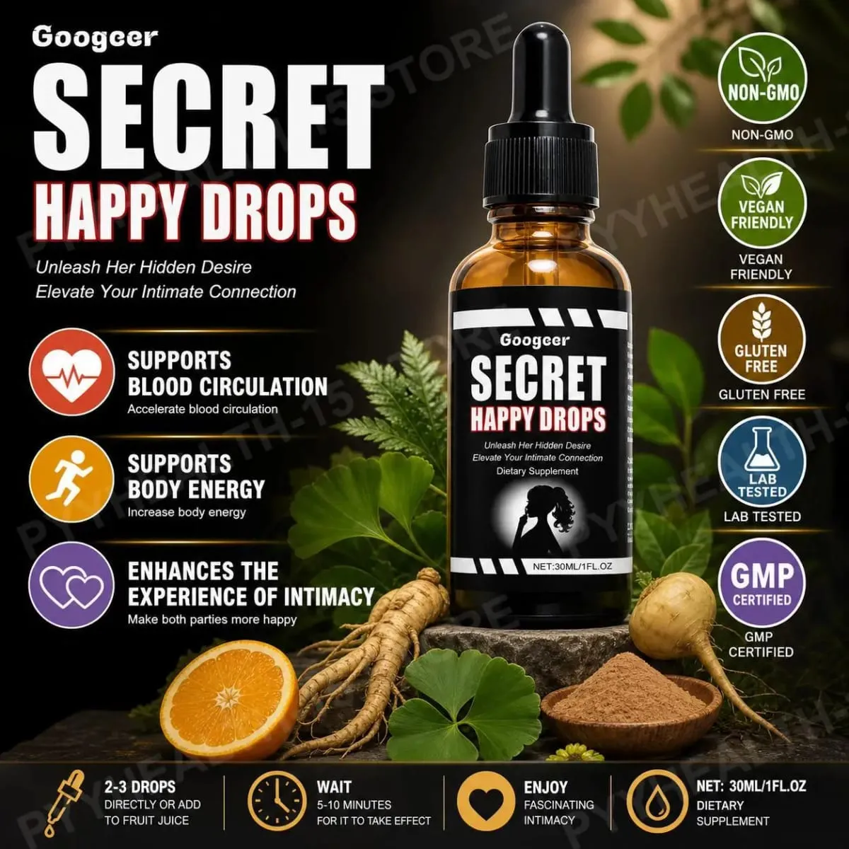 Googeer Secret Happy Drops Oral Drops Herbal Epimedium Maca Root Ginseng Ginkgo Biloba Support Blood Circulation Intimacy 30 ML — image 2