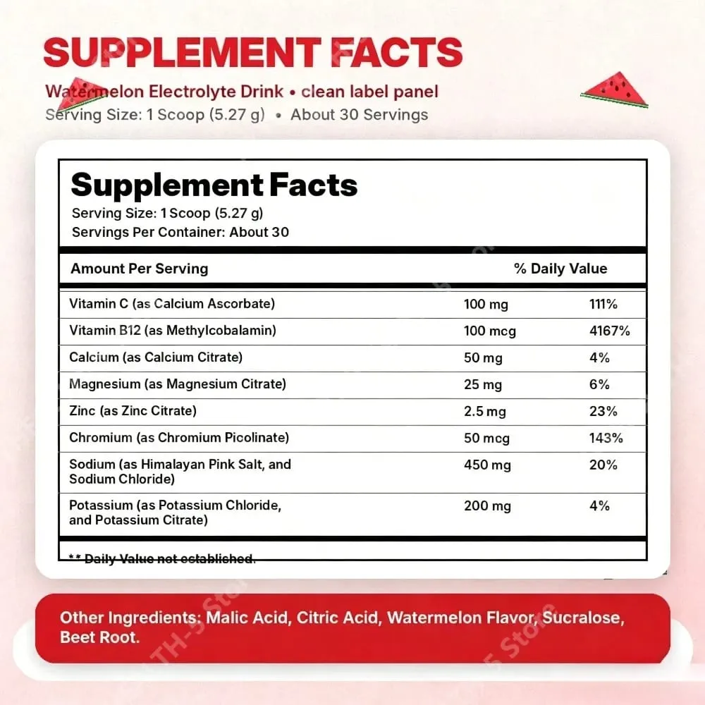 Watermelon Electrolyte Drink Powder with Sodium Potassium Magnesium Calcium Vitamin C B12 30 Servings Daily Hydration Support — image 6