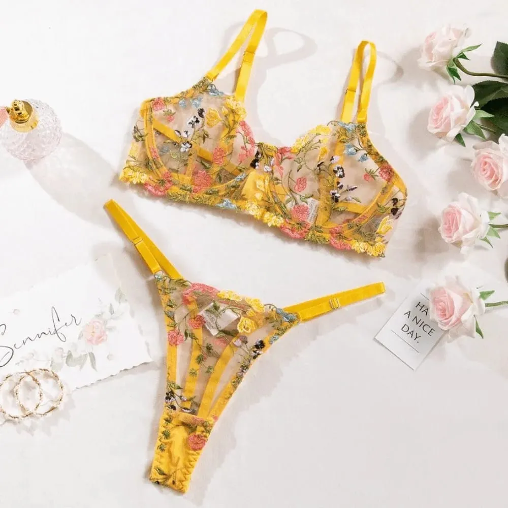 2-Piece Fashion Floral Lingerie Set Embroidery Versatile Underwear Intimates Underwire Push-up Sheer Bra Panty Set For Lady Girl — image 3