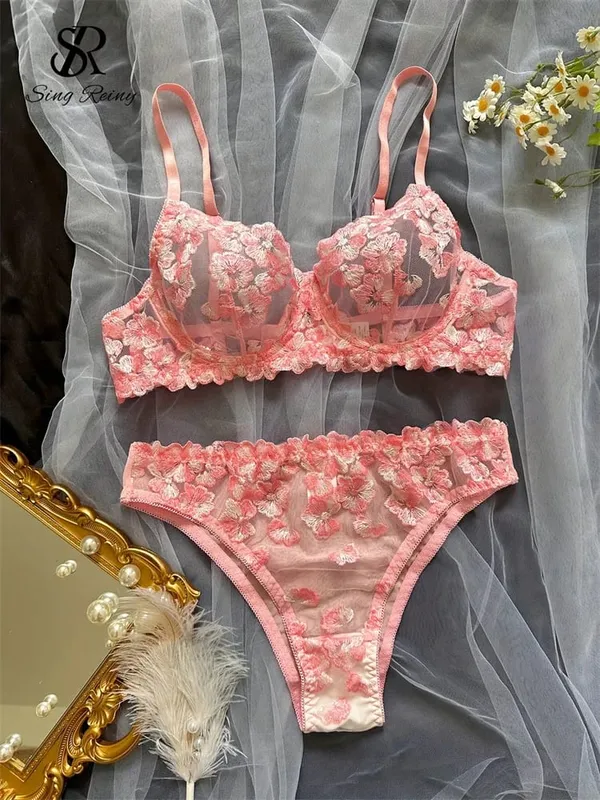 Mesh Sheer Lingerie Tweedelige Pakken Franse Bloemen Seusual Ondergoed Sets Vrouwen Borduren Sexy Bh & Slips Sets — image 7