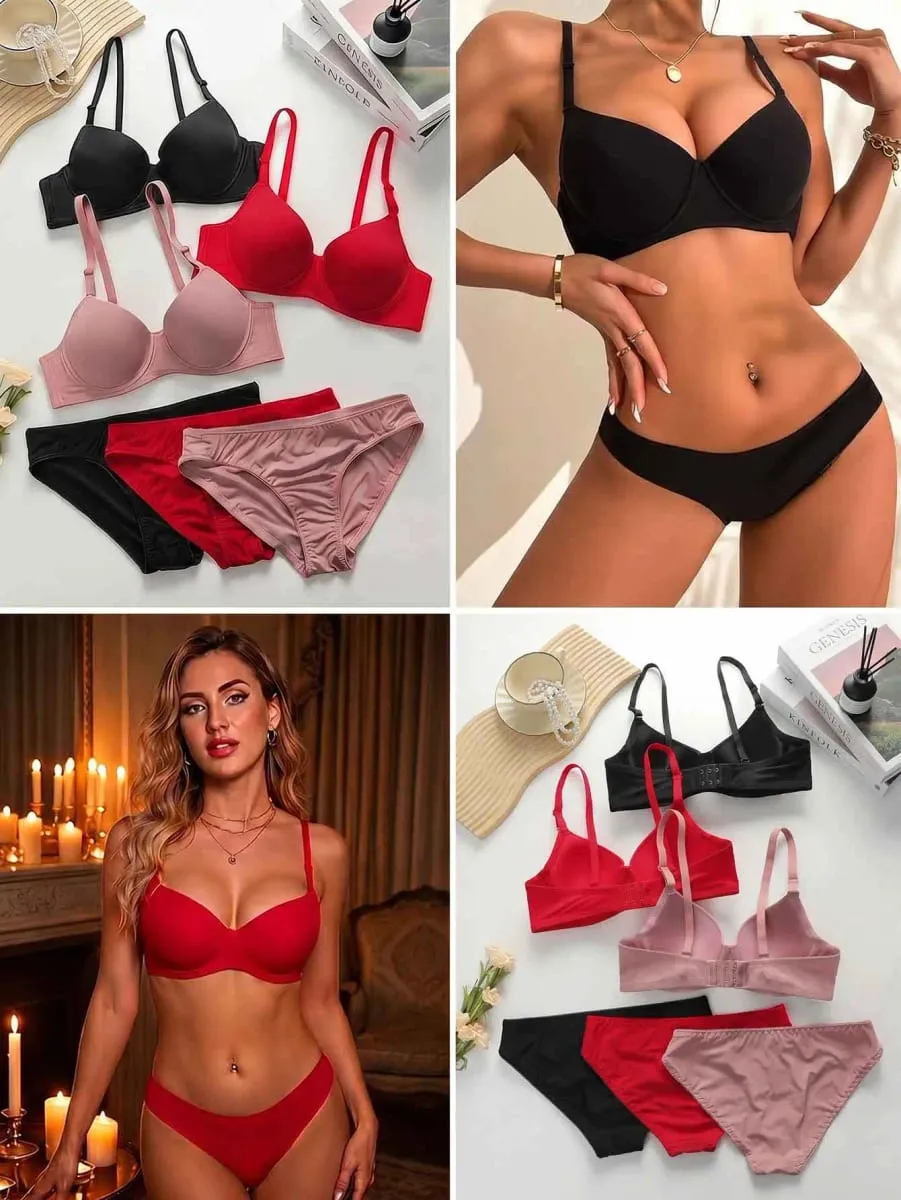 3 Set Multi Color Lingerie Set Women's Bra And Panty Set 3/4 Cup Push Up Bralette adn Briefs 6 Pcs B6005