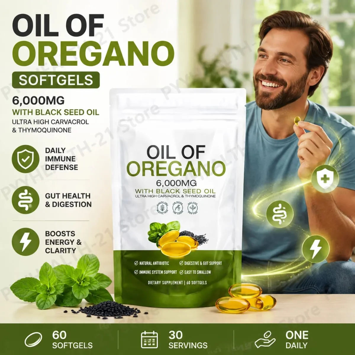 Oreganoolie 6000mg sorte frøolie softgels understøtter dagligt immunforsvar Fordøjelsesbalance Urteformel Ikke GMO 60 Antal — image 1