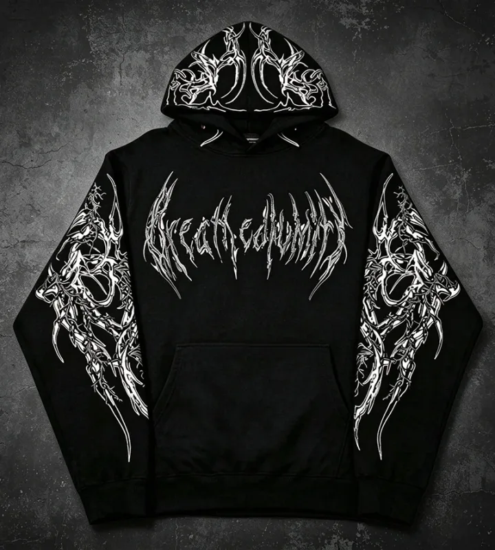 Men Alt Gothic Pullover Hoodie Y2k High Street American Style Dark Thorn Print Fleece Lined Loose Biker Fall Winter Sweatshirt — image 16