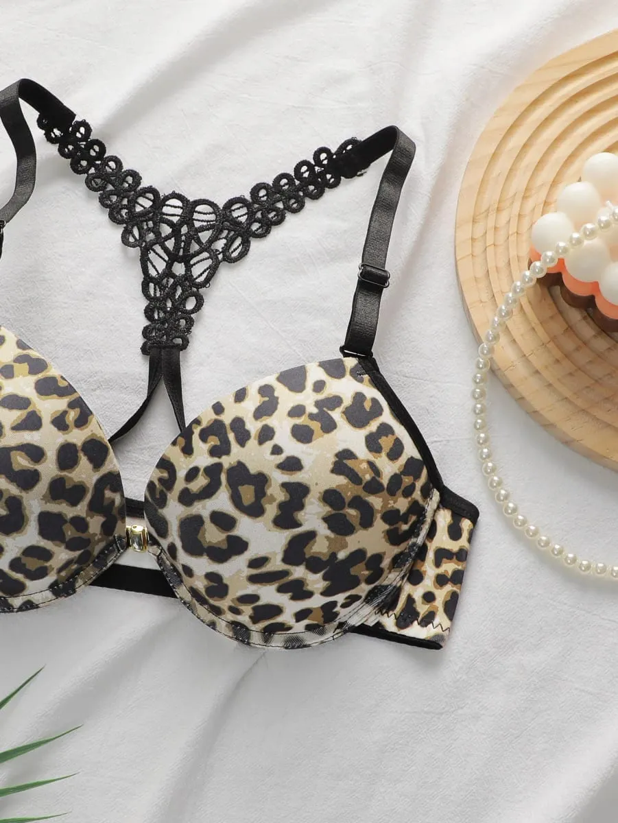 Leopard Print Front Closure Bra Set with Underwire Push Up Lingerie Set for Women Sexy Lace Bralette and Panty Two Piece Outfit — image 3