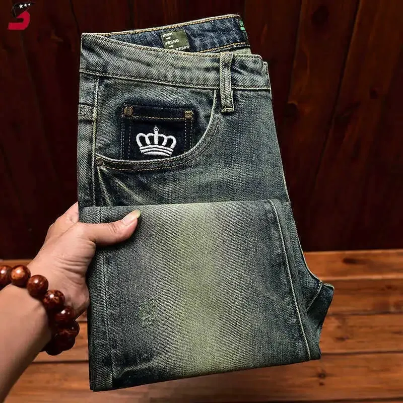 2026 Retro Nostalgic Jeans Men's Embroidered Print Spring and Autumn Men's Clothing Elastic Slimming Small Foot Trendy Pants — image 3