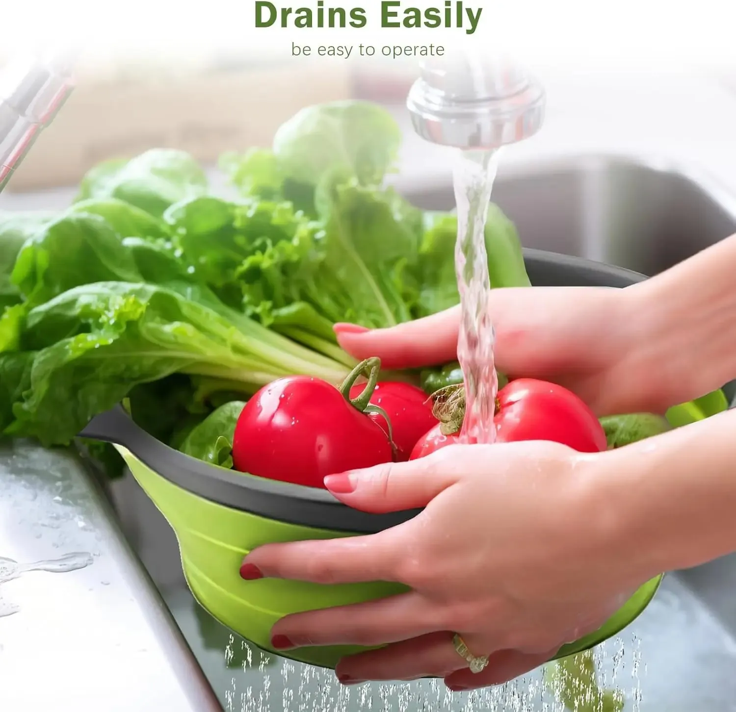 Green Single-Piece Collapsible Silicone Strainer - Multi-Purpose Colander for Pasta Fruits Vegetables Kitchen Travel — image 2