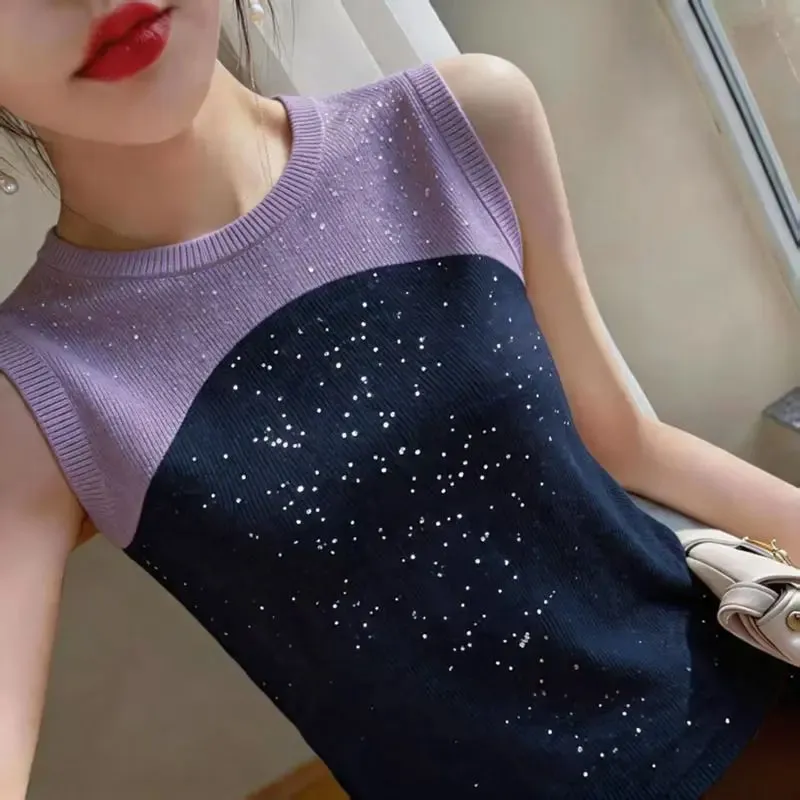 Sleeveless O-neck Contrast Patchwork Plus Size Elegant Tanks Summer Ice Silk Slim Vintage T Shirts Fashion Trend Women Clothing — image 2