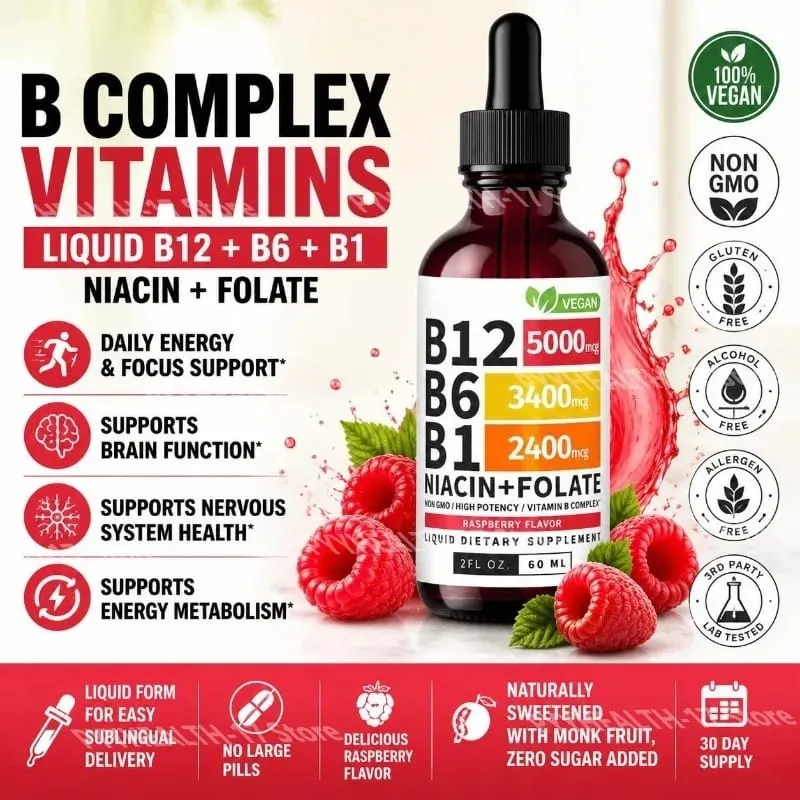 B12 B6 B1 Niacin Folate Liquid Sublingual Vegan B-Complex Drops for Daily Energy and Focus Support Raspberry for Men Women 60 ML