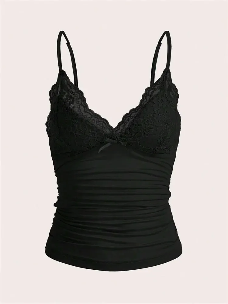 Sexy Contrast Lace Bow Front Crop Cami Top Women 2026 Summer Grunge Punk Y2K Clothes Ruched Skinny Backless Tee Shirt