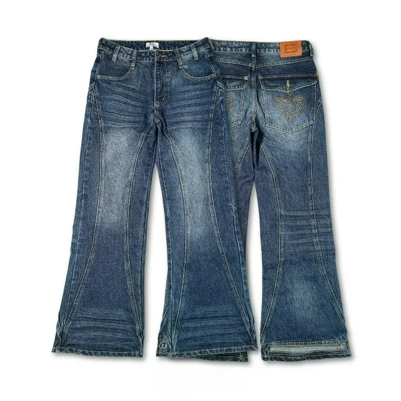 Y2K Retro Blue Flare Jeans Unisex Washed Denim Pants Embroidered Back Pocket Streetwear Wide Leg Bootcut Jeans — image 2