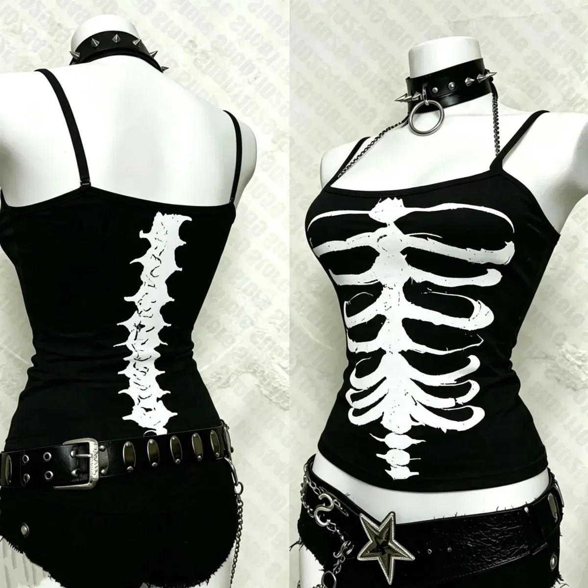 Y2K Gothic Alt Sleeveless Crop Top Vintage Grunge Skeleton Front Back Graphic Slim Women Skeleton Ribcage Spine Cami Tank Tops