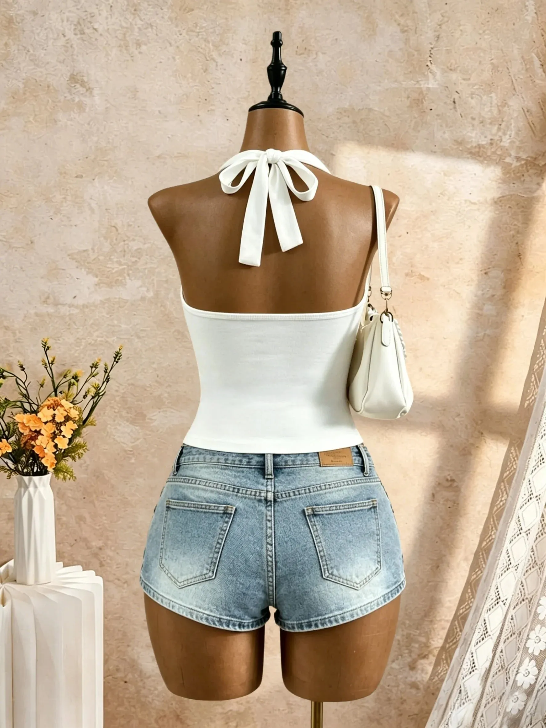Women Halter Deep V Neck Wrap Front Side Ruched Waist Sleeveless Crop Cami Top Solid White Slim Fit Summer Beach Vacation Casual — image 3